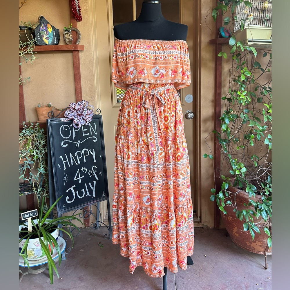 Off the Shoulder Floral Orange Maxi Dress NWT - Picture 9 of 10